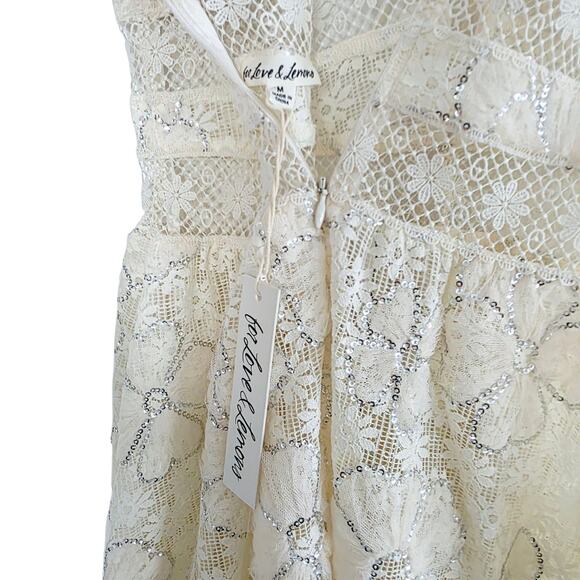 For Love & Lemons Cream Snowflake Daisy Lace & Sequin Mesh Midi Dress Medium - Picture 8 of 14